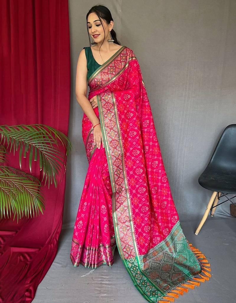 Pink woven design zari patola saree