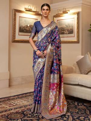 Blue floral zari kanjeevaram saree 1