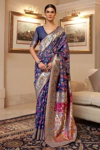 Blue floral zari kanjeevaram saree
