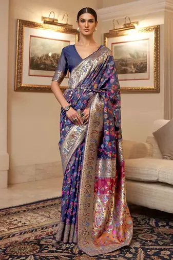 Blue floral zari kanjeevaram saree
