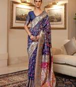 Blue floral zari kanjeevaram saree