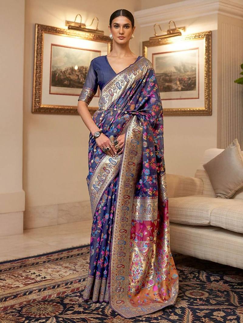 Blue floral zari kanjeevaram saree