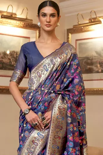Blue floral zari kanjeevaram saree