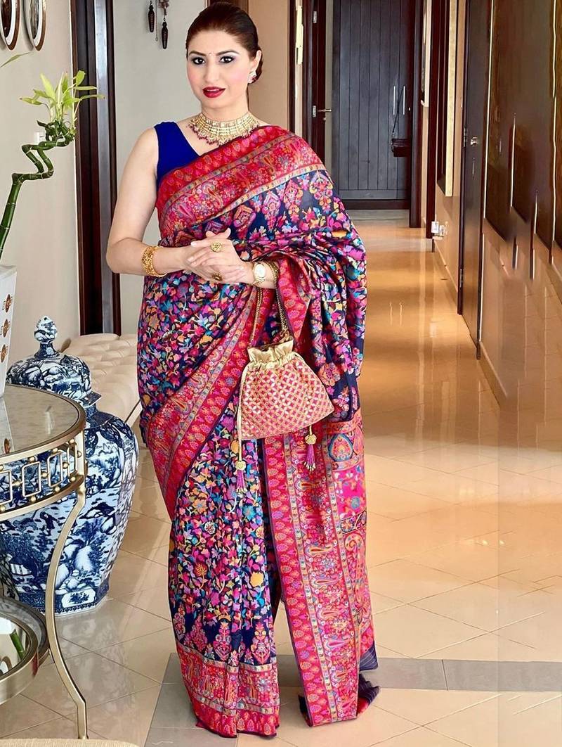Navy blue ethnic motifs woven design saree