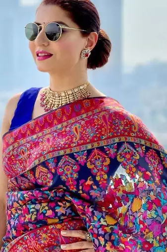 Navy blue ethnic motifs woven design saree