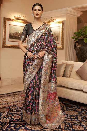 Black floral zari kanjeevaram saree