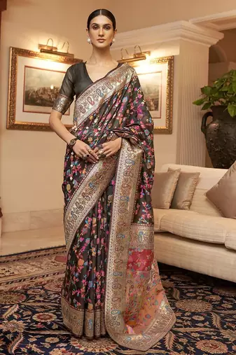 Black floral zari kanjeevaram saree