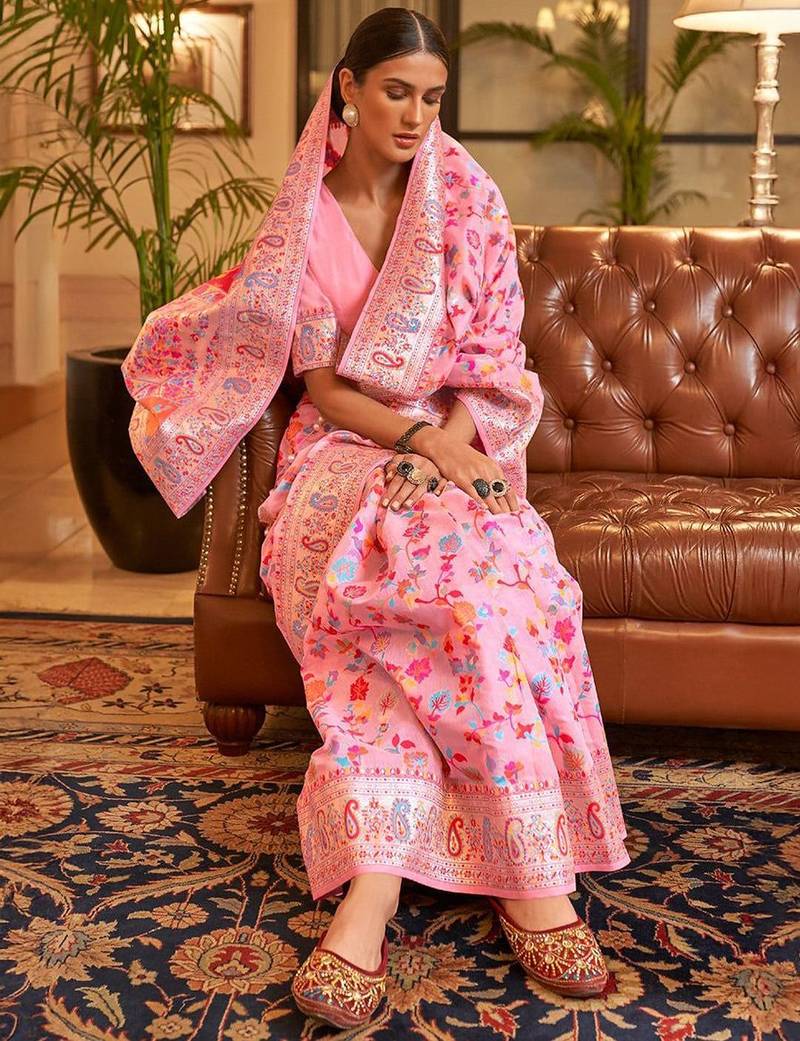 Pink women paisley woven design kanjeevaram saree