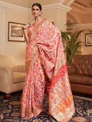 Peach woven design zari kanjeevaram saree 1