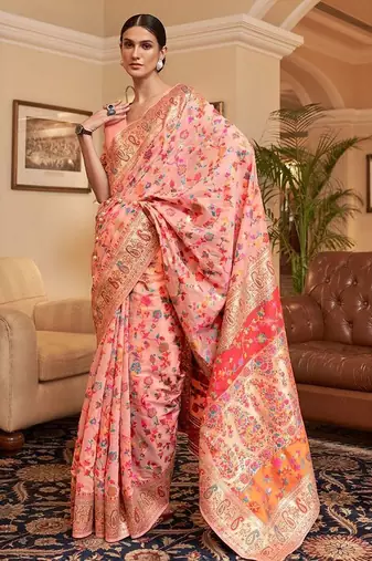 Peach woven design zari kanjeevaram saree