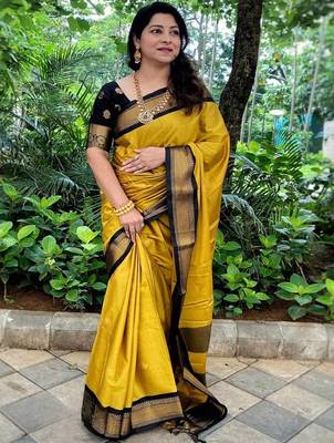 Yellow ethnic motifs zari kanjeevaram saree 1