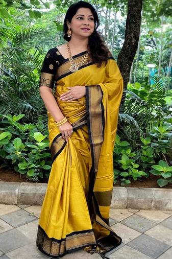 Yellow ethnic motifs zari kanjeevaram saree
