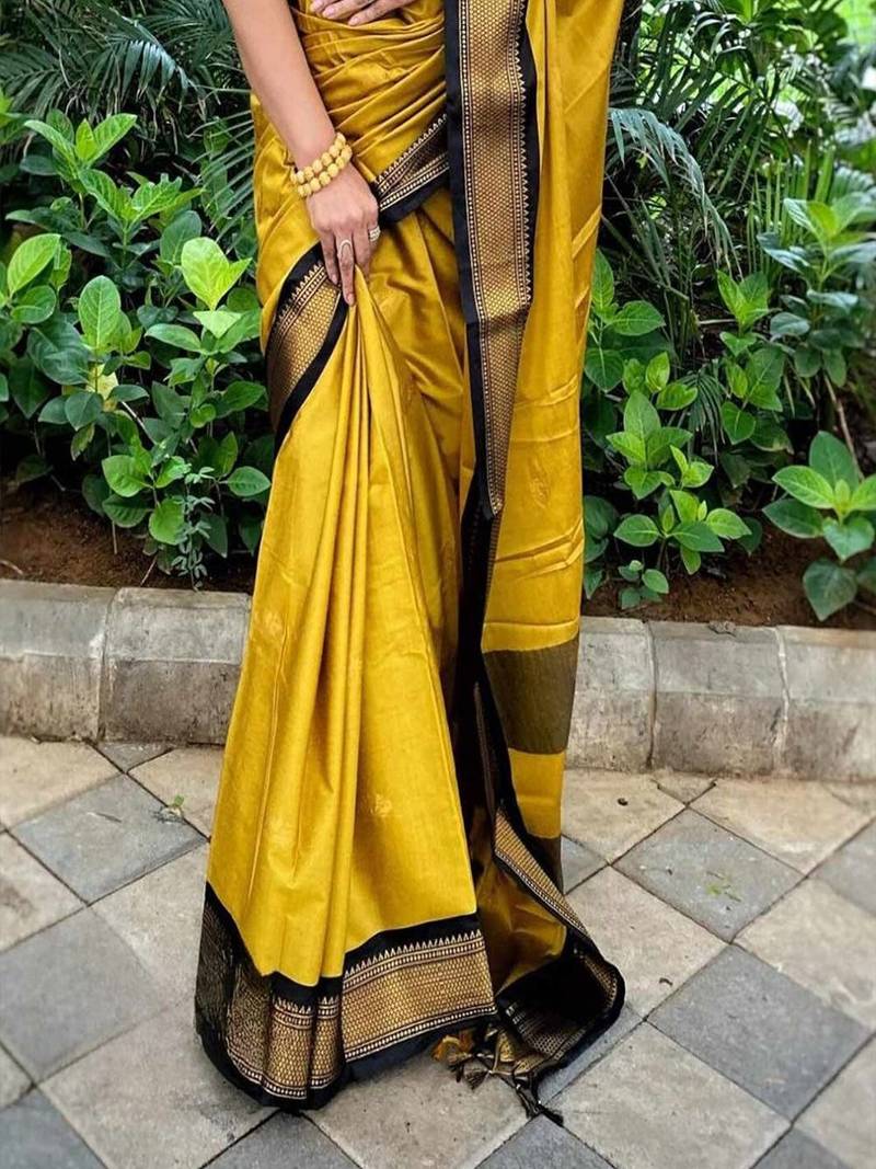 Yellow ethnic motifs zari kanjeevaram saree