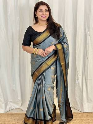 Grey ethnic motifs zari kanjeevaram saree 1