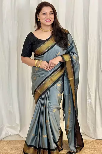 Grey ethnic motifs zari kanjeevaram saree