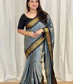 Grey ethnic motifs zari kanjeevaram saree
