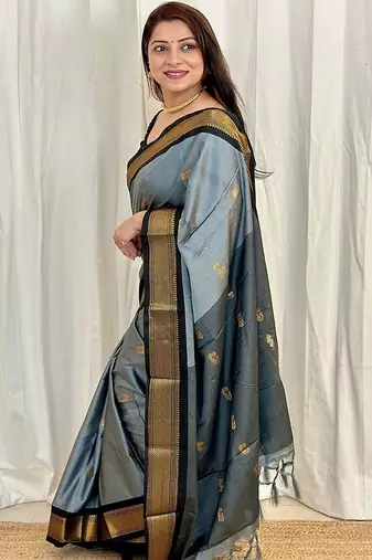 Grey ethnic motifs zari kanjeevaram saree