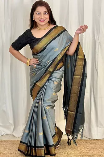 Grey ethnic motifs zari kanjeevaram saree