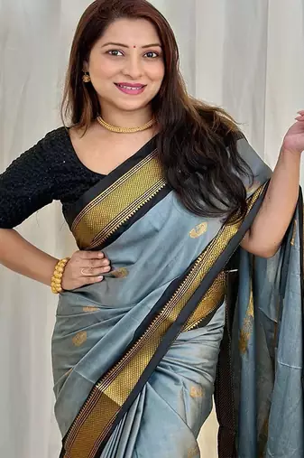 Grey ethnic motifs zari kanjeevaram saree