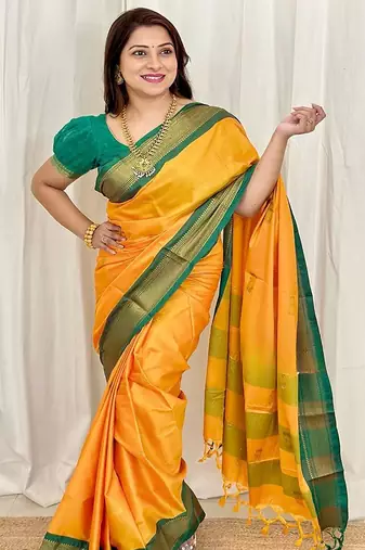Yellow woven design zari kanjeevaram saree