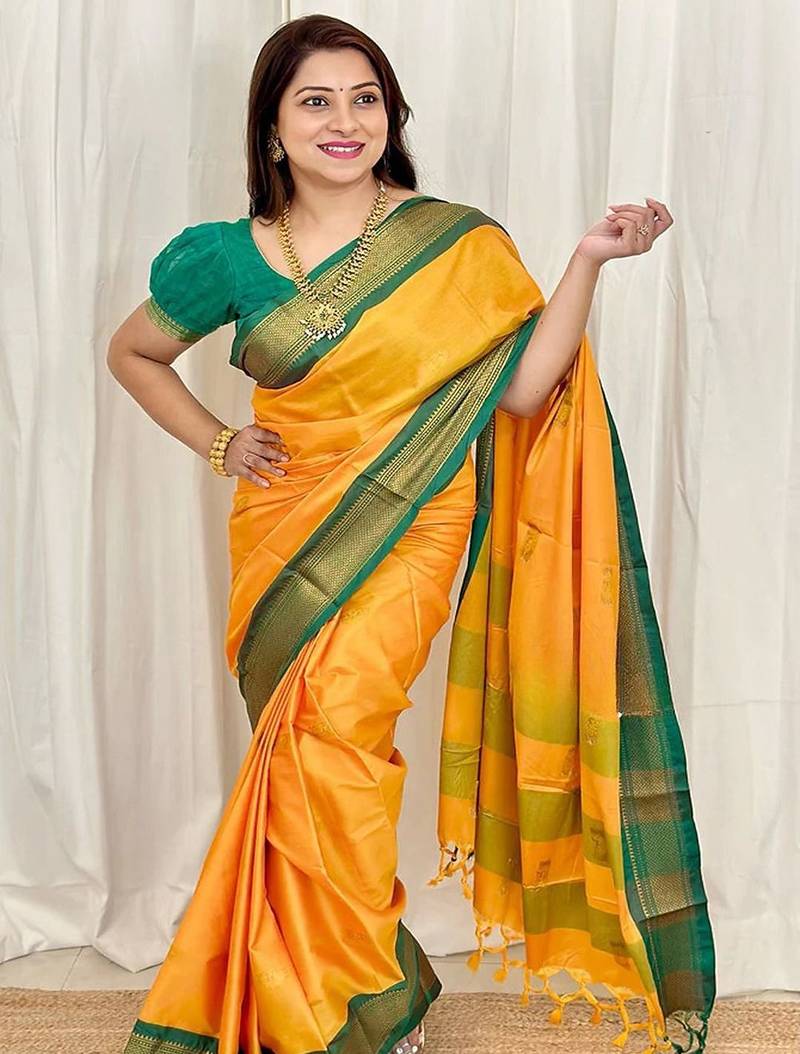 Yellow woven design zari kanjeevaram saree