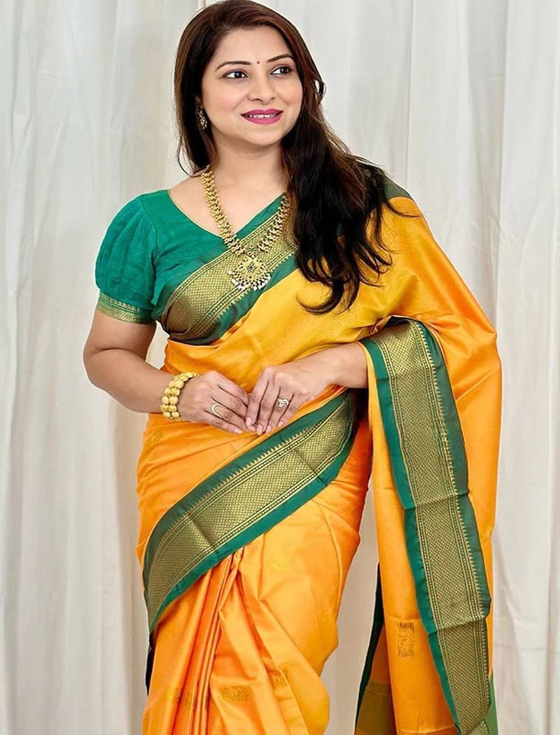 Yellow woven design zari kanjeevaram saree