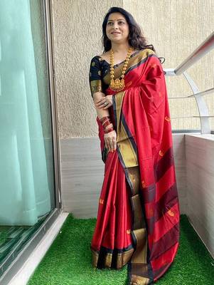 Red ethnic motifs zari kanjeevaram saree 1