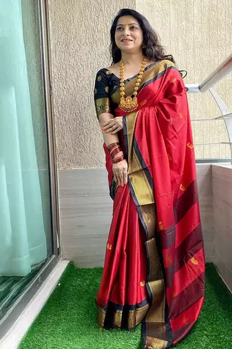 Red ethnic motifs zari kanjeevaram saree