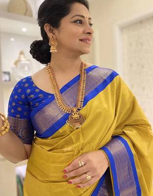 Yellow ethnic motifs zari kanjeevaram saree 4