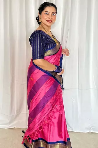 Pink ethnic motifs zari kanjeevaram saree
