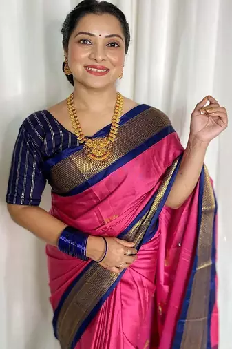 Pink ethnic motifs zari kanjeevaram saree