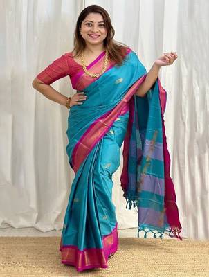Blue ethnic motifs zari kanjeevaram saree 1