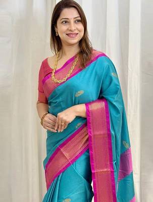 Blue ethnic motifs zari kanjeevaram saree 3