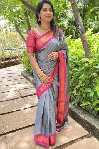 Grey ethnic motifs zari kanjeevaram saree