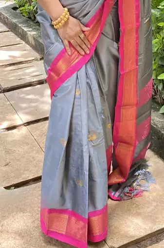 Grey ethnic motifs zari kanjeevaram saree