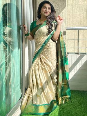 Cream ethnic motifs zari kanjeevaram saree 1