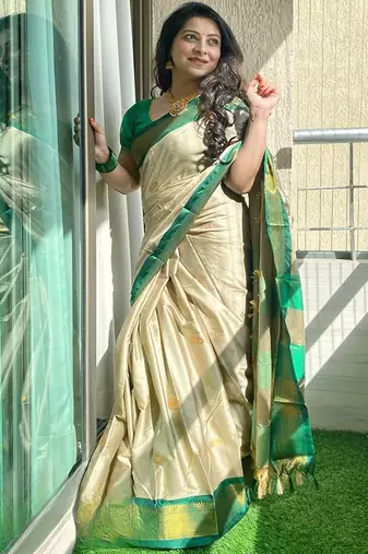 Cream ethnic motifs zari kanjeevaram saree