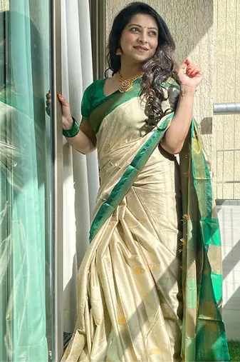 Cream ethnic motifs zari kanjeevaram saree