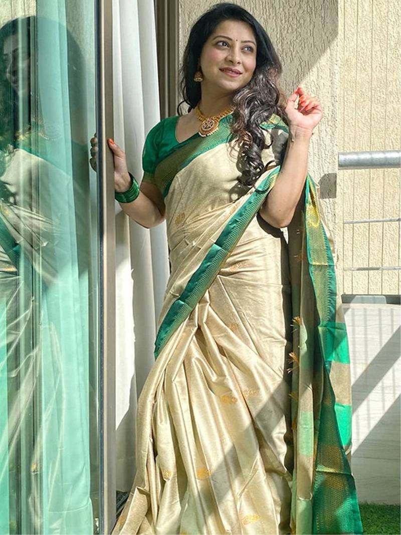 Cream ethnic motifs zari kanjeevaram saree