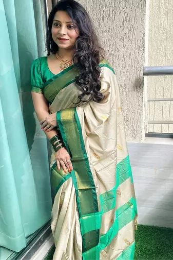Cream ethnic motifs zari kanjeevaram saree