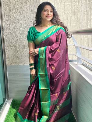 Purple ethnic motifs zari kanjeevaram saree 1