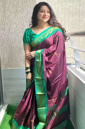 Purple ethnic motifs zari kanjeevaram saree