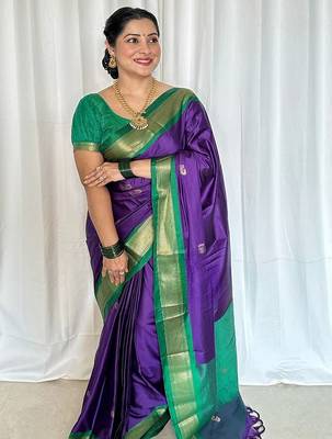 Violet ethnic motifs zari kanjeevaram saree 1