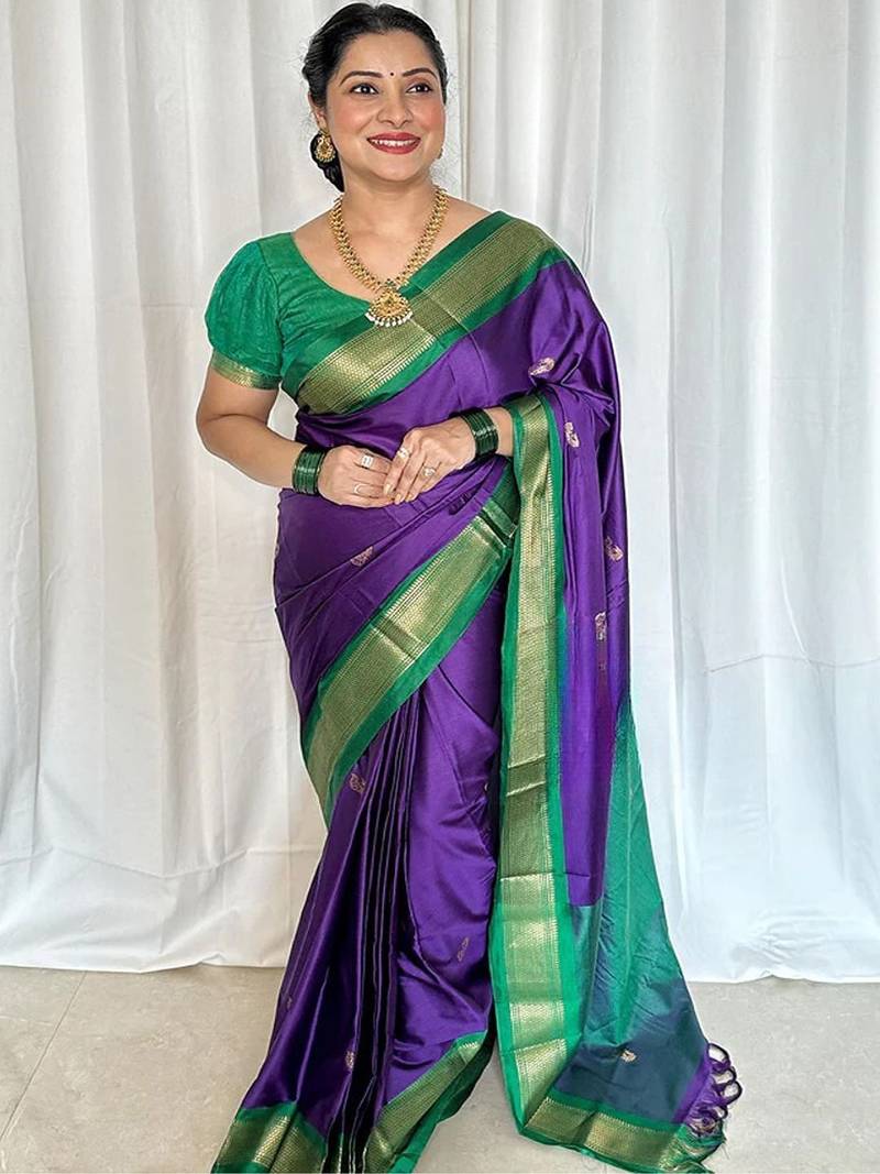 Violet ethnic motifs zari kanjeevaram saree