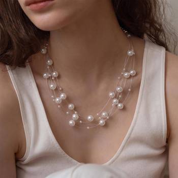 White fancy layered necklace pearl studded festive evening jewelry for women 1