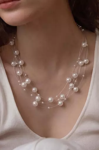 White fancy layered necklace pearl studded festive evening jewelry for women