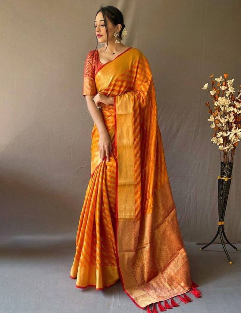 Yellow woven design zari patola saree