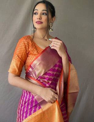 Purple ethnic motifs woven design zari patola saree 3