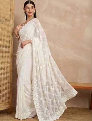 White floral embroidered  georgette heavy work saree 1