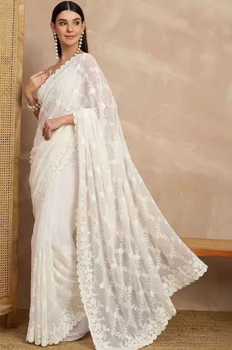 White floral embroidered  georgette heavy work saree